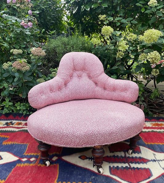 Victorian conversation chair upholstered in Soane ‘Coral’ poplin