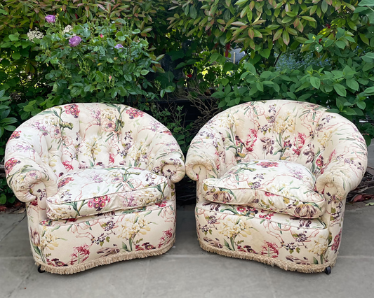 A pair of Vintage Button back Tub chairs upholstered in Colefax and Fowler ‘Clarissa’